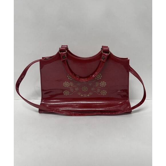 Vintage 80s Victory Red Patent Leather Hand Bag Satchel Floral Purse 14" x 8.5" - Picture 1 of 6